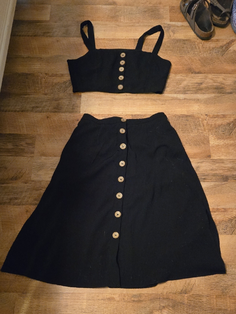 Lulu's Black Button-Front A-Line Midi Skirt with Crop Top Set